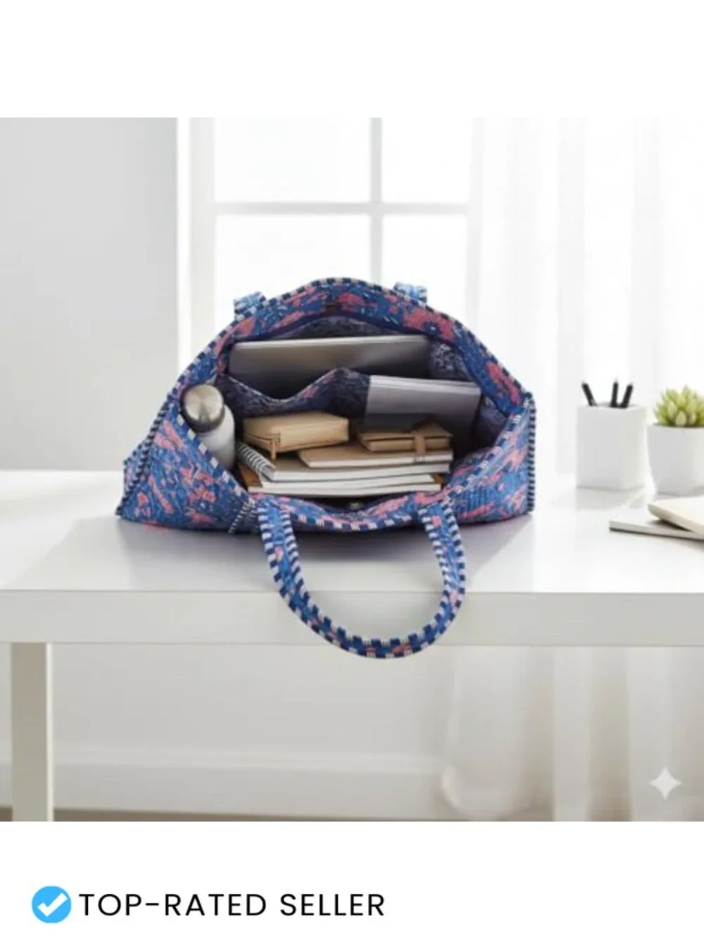 Large Quilted Cotton Tote Bag with Zipper, Handmade Block Print, Travel Tote